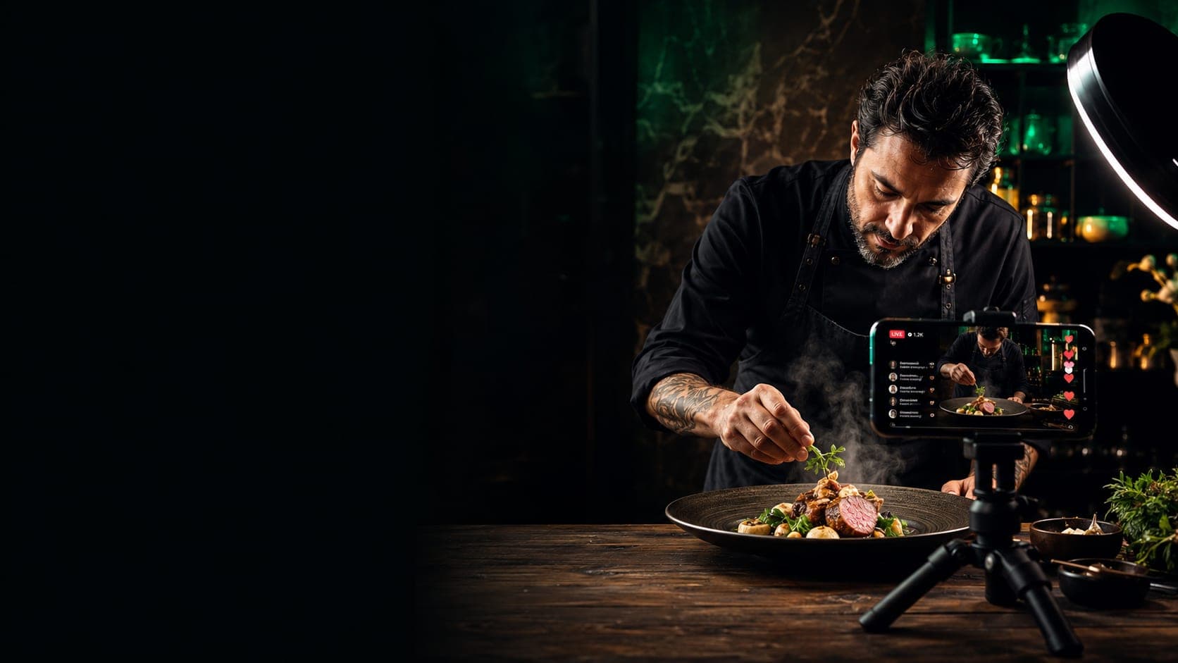 Mesa de restaurante cálidamente iluminada con cubiertos, sugiriendo una experiencia gastronómica en directo en Cooqly